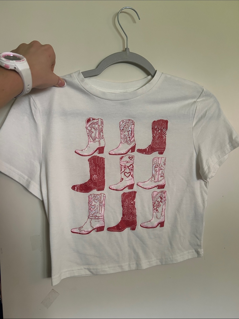 SHEIN White Tee with Red Cowboy Boot Print